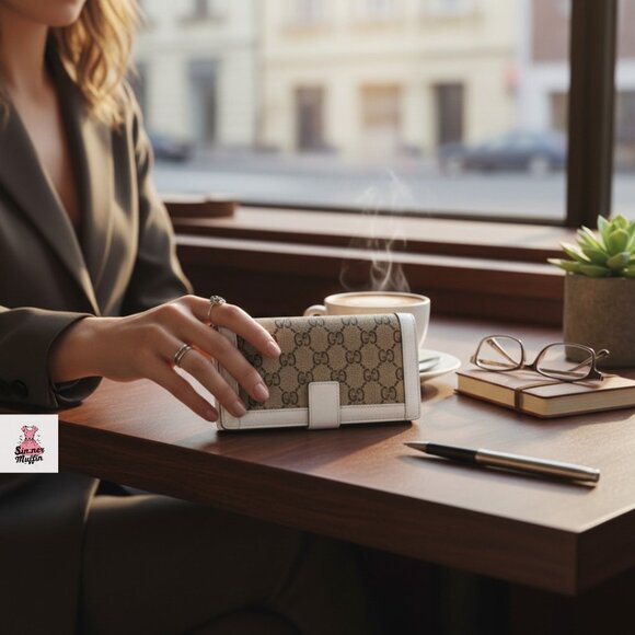 Gucci GG Canvas Continental Wallet with White Leather Trim - Picture 2 of 7